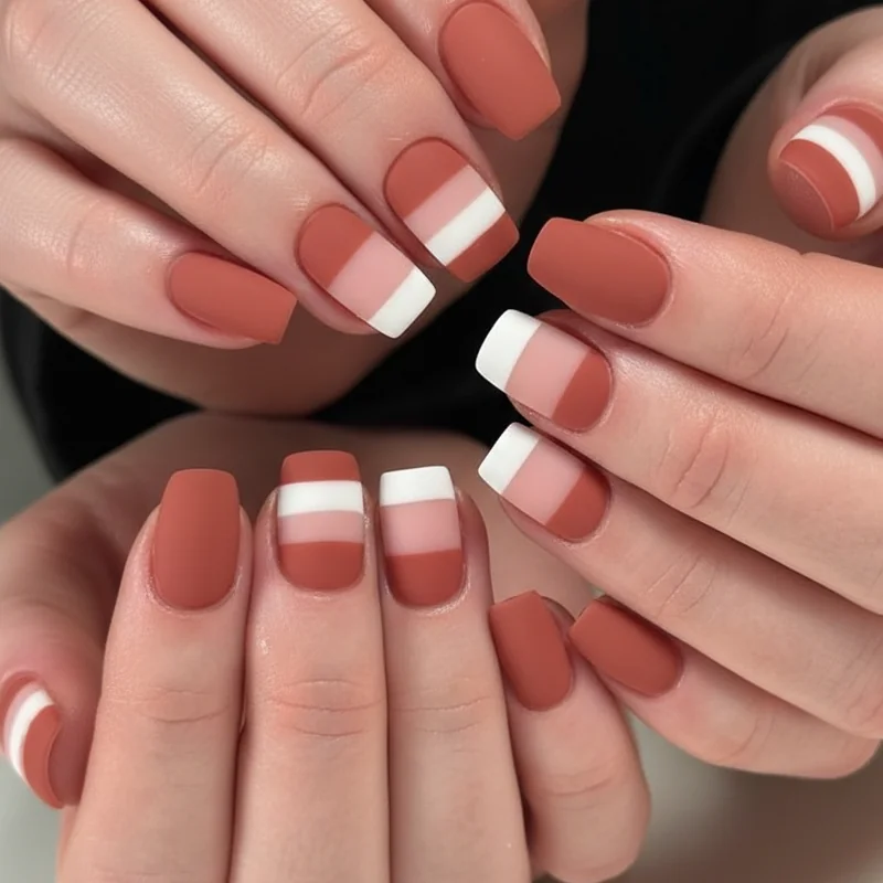Lesbian flag muted matte dusty terracotta rose and white masc colour block pride nail designs on short square nails for WLW