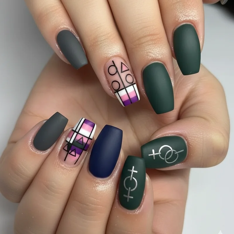Masc lesbian nail inspo gallery showing dark solids graphic accent nails and androgynous designs across diverse WLW aesthetics