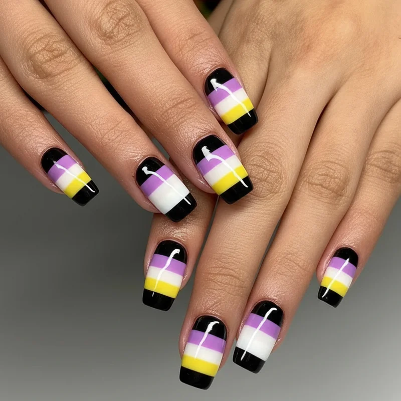 Classic four-stripe nonbinary flag nail design in yellow white purple and black with horizontal banded pattern on short nails