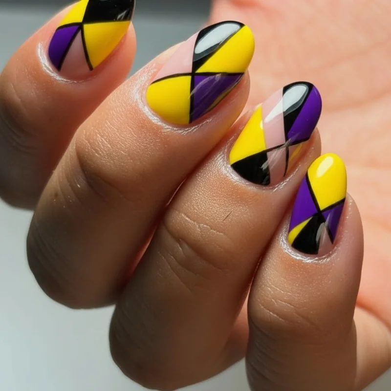 Geometric negative space nonbinary flag nails showing angular yellow purple and black shapes on bare nail canvas editorial