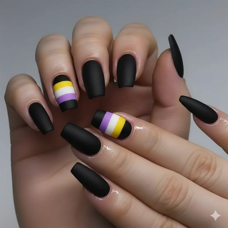 Masc androgynous nonbinary nail design in matte black with sharp yellow accent on short square nails for enby pride aesthetic