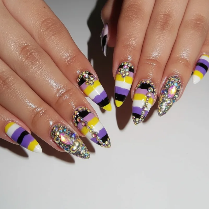 Maximalist glitter nonbinary flag nails with rhinestone embellishment in yellow white purple and black full coverage set