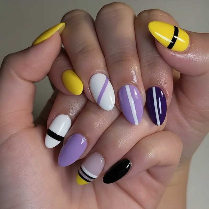 Nonbinary flag colour chart showing yellow white lavender purple and black stripe symbolism for enby nail design choices