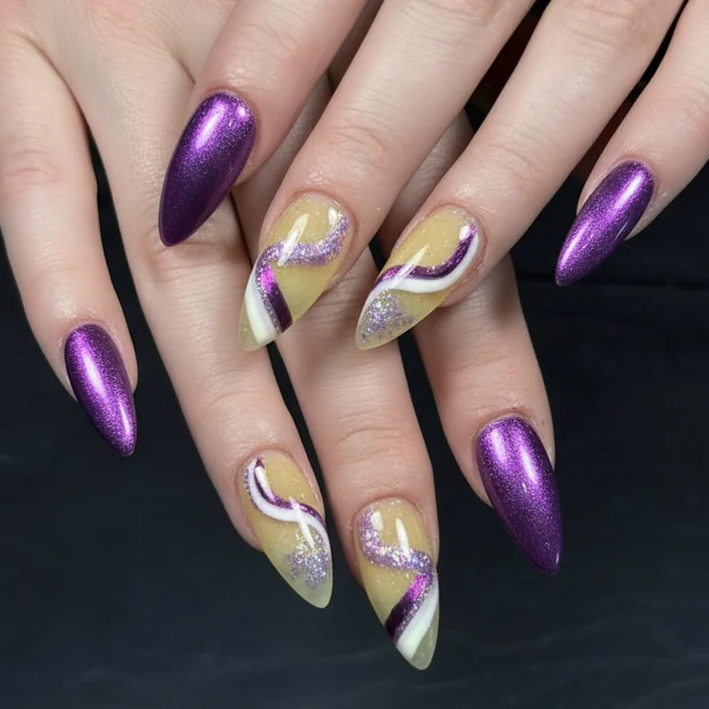 Purple chrome and butter yellow jelly nonbinary flag nail finish combination showing light-catching lavender and warm yellow