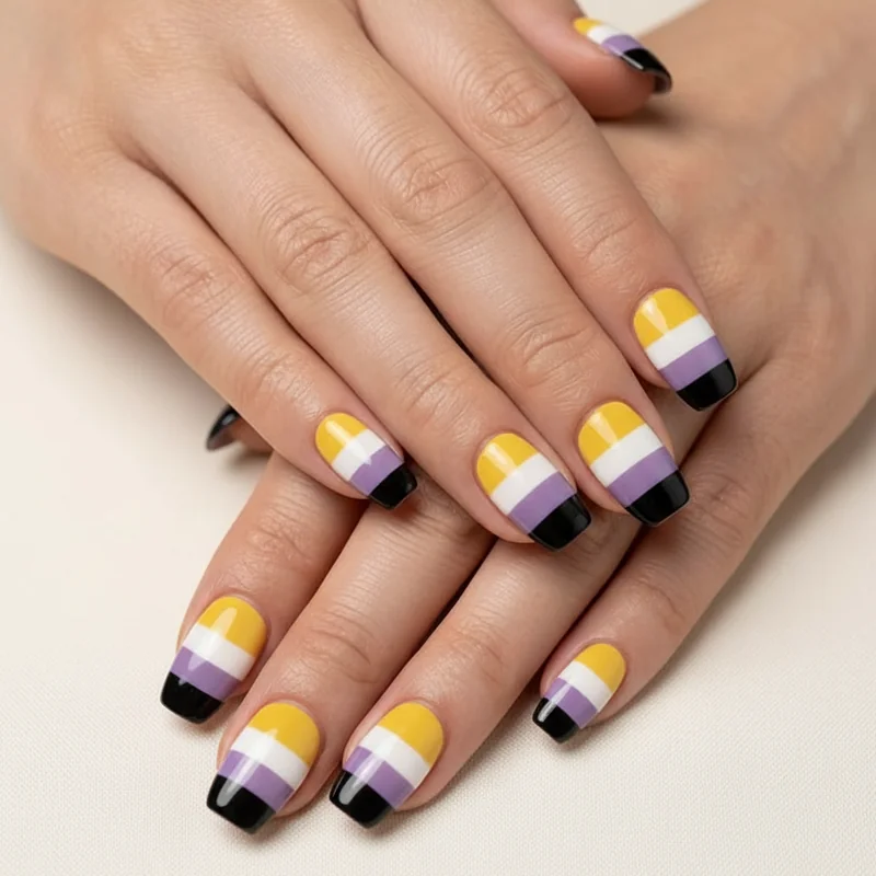 Short nonbinary flag nails in square cut showing bold colour-blocked yellow white purple and black design on short length