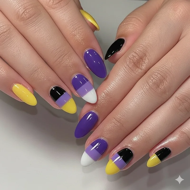 Skittle nonbinary flag manicure showing one colour per nail in yellow white purple and black across five fingers full set