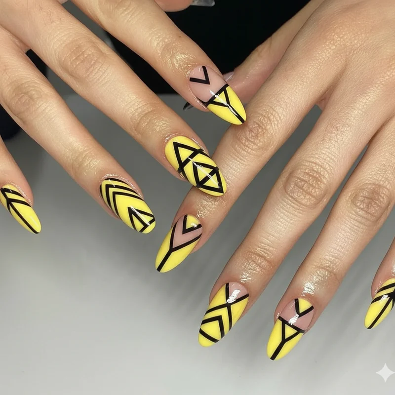 Yellow and black nail design in NB flag colours showing graphic geometric contrast with negative space to avoid bee effect