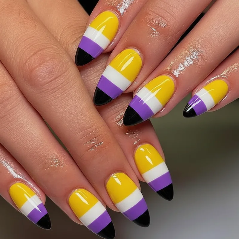 Classic enby four stripe flag nail design using striping tape method showing crisp yellow white purple and black lines on square nails