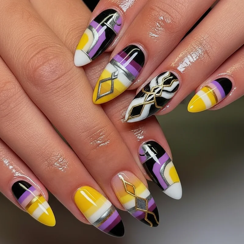 Elevated enby nail art showing gel top coat and chrome finish upgrade on yellow purple and black nonbinary flag design for editorial quality result