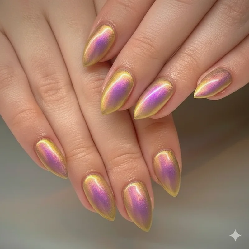 Genderfluid and gender neutral nail art featuring aura technique with yellow and purple chrome powder on androgynous short square nails 2026