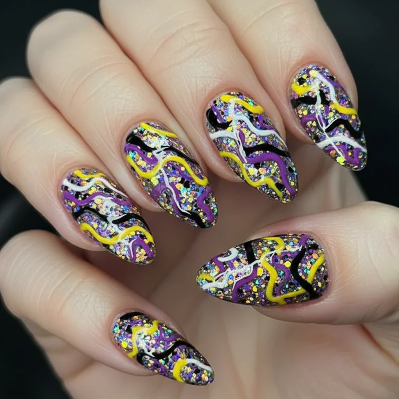 Glitter and abstract enby nail set showing chunky holographic yellow purple and black glitter with wiggly line art connecting nails for pride