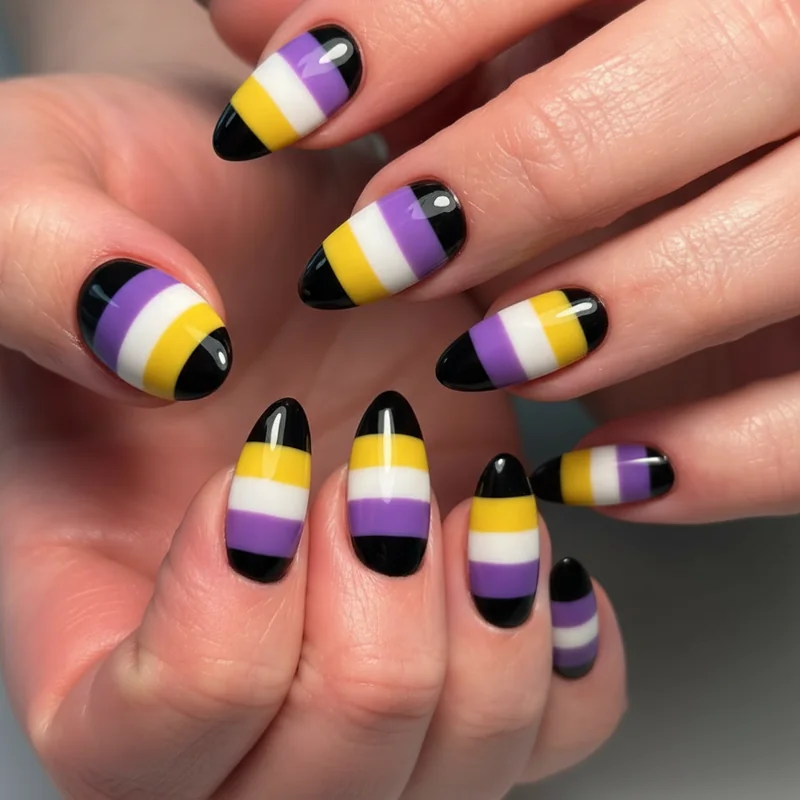Nonbinary flag nail colour order showing yellow white purple and black horizontal stripes from cuticle to tip with colour meaning labels