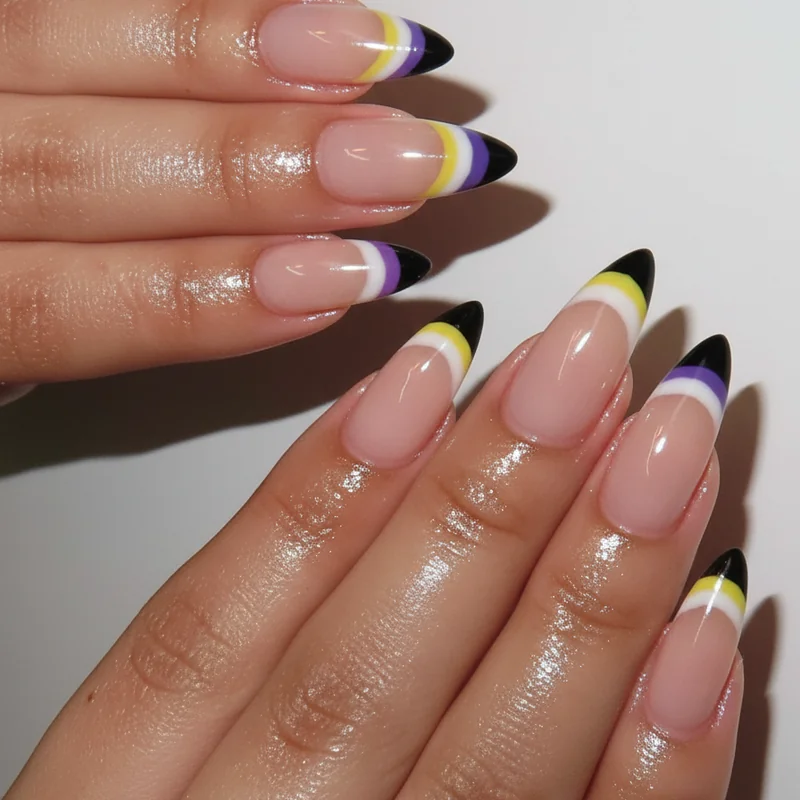 Nonbinary French tip nails showing micro French design with yellow white purple and black free edge colours across almond shaped nail set