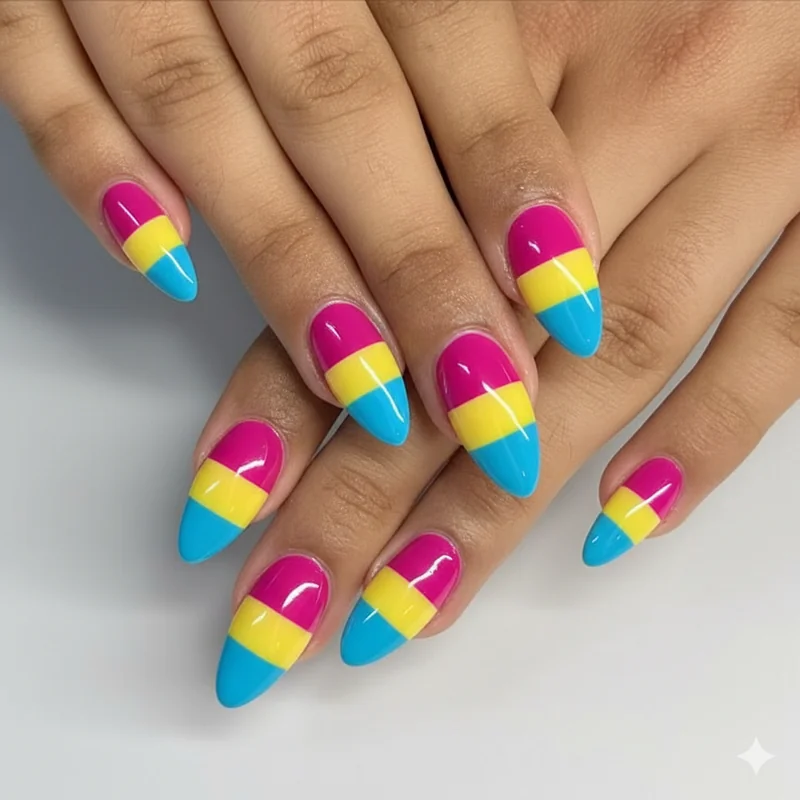 Classic pansexual flag stripe nail set showing magenta yellow and cyan horizontal bands across ten nails with clean tape edges