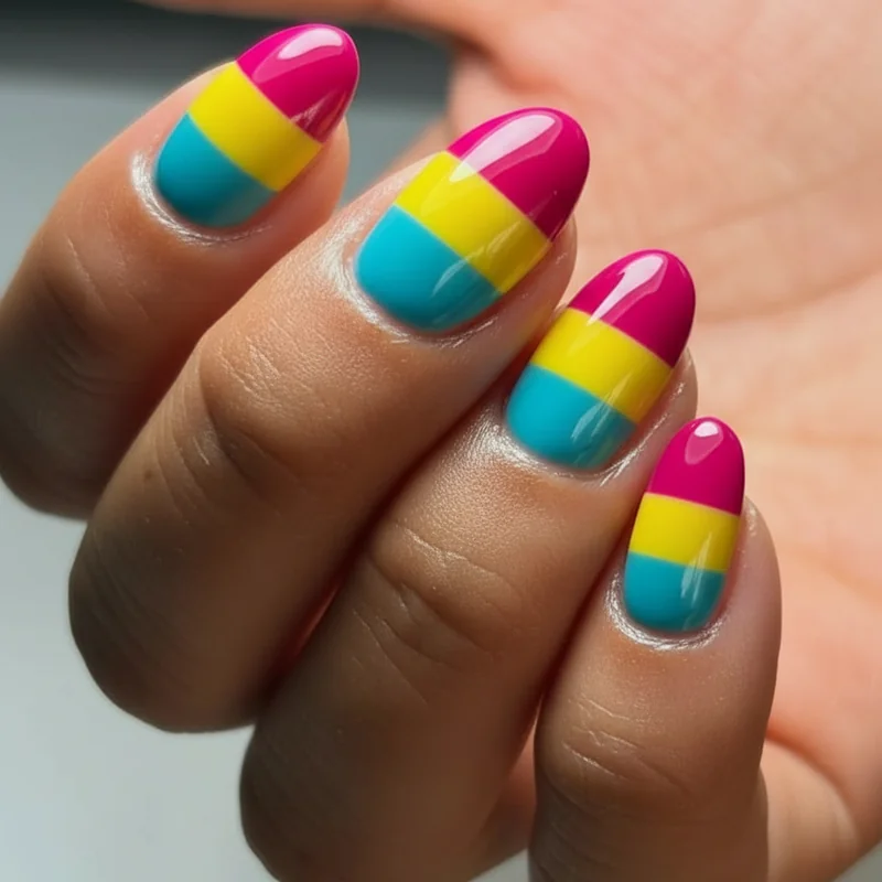 Pan flag colour breakdown showing magenta yellow and cyan stripe meaning for pansexual nail art design and identity context