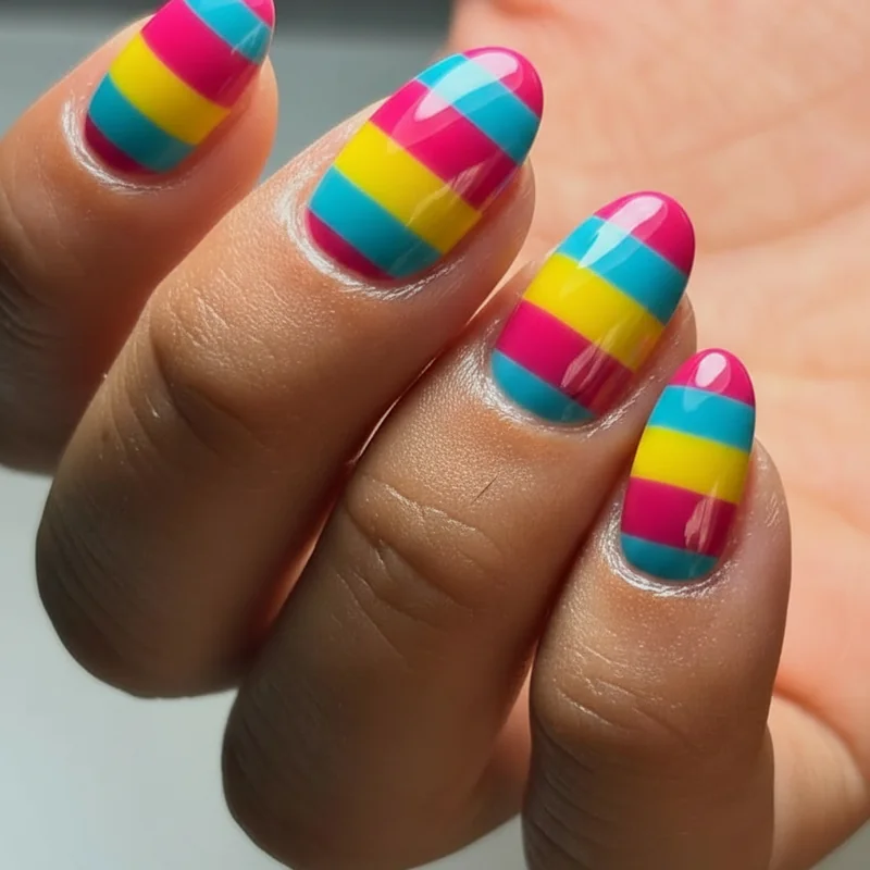 Pan pride nail inspo collection for June 2026 showing diverse pansexual nail designs in magenta yellow and cyan across community styles
