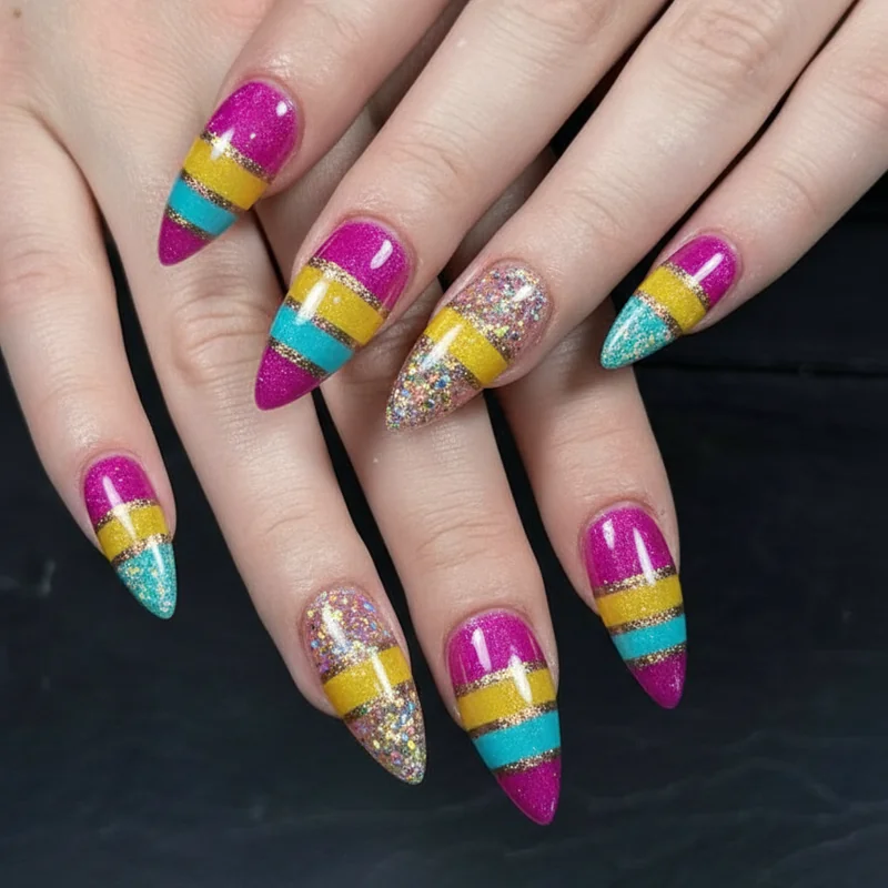 Pansexual nails in chrome jelly and glitter finishes showing magenta yellow and cyan pan flag colours in 2026 trending nail techniques