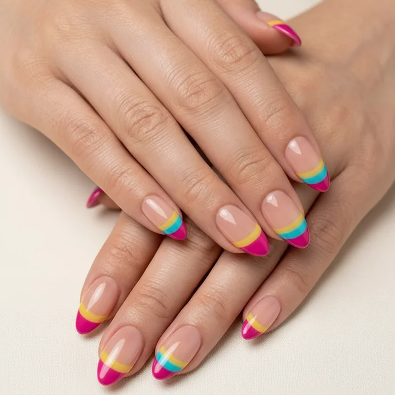Pansexual French tip nails showing tricolour magenta yellow cyan pan flag tips and single accent nail design on almond shaped nails