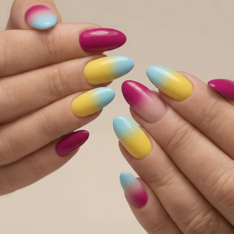 Pansexual ombre nails showing magenta yellow and cyan gradient blend across nail using sponge technique for smooth flag colour transition