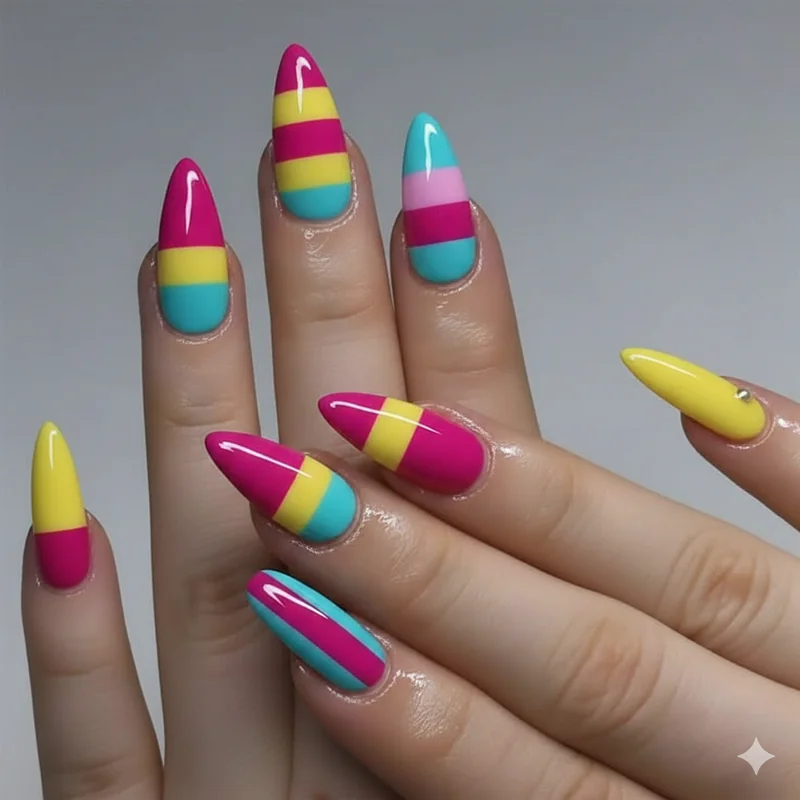 Pansexual nails on short almond and square shapes showing pan flag stripe and colour block designs that work at shorter nail lengths