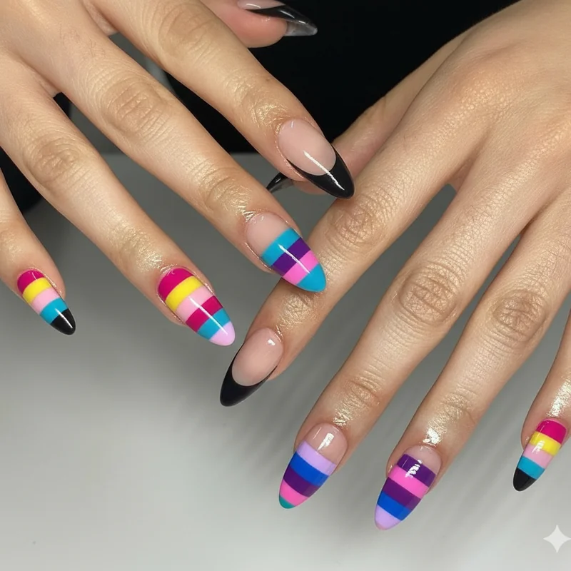 Side by side comparison of pansexual and bisexual flag nail colours showing magenta yellow cyan versus pink purple and blue palettes