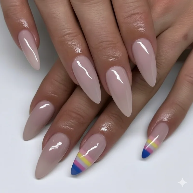 Subtle pansexual nails showing single accent nail in pan flag colours against neutral manicure set suitable for everyday and office wear