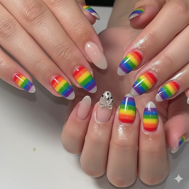 Acrylic nail fill showing growth gap at cuticle being refilled with fresh monomer while pride rainbow art on nail tips remains preserved