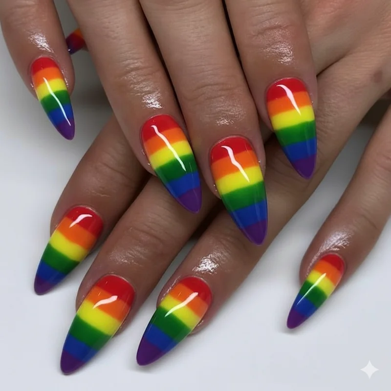 Acrylic nail tip extension applied over short natural nail showing overlay process that enables pride acrylic designs regardless of nail length