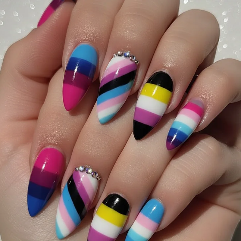 Bisexual trans and non-binary pride flag acrylic nail designs showing stripe and ombre colour layouts for identity-specific manicure sets