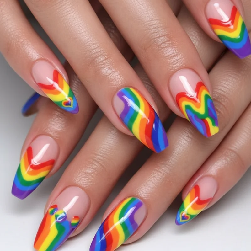 Coffin almond and stiletto acrylic nail shape comparison showing surface area differences as canvas for pride flag and rainbow designs
