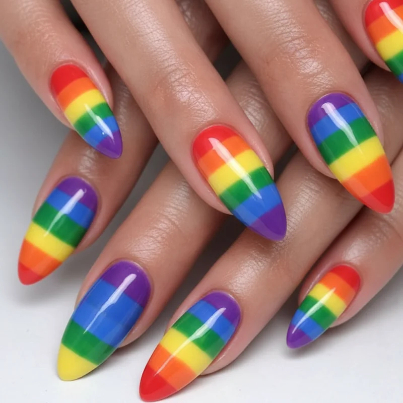 Cuticle oil application along acrylic nail edges showing daily care routine for lifting prevention and seal maintenance through pride month June
