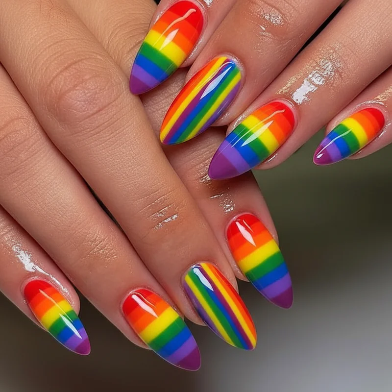Gel topcoat application over pride acrylic nails showing sealed surface protection for parade day summer heat and sunscreen durability