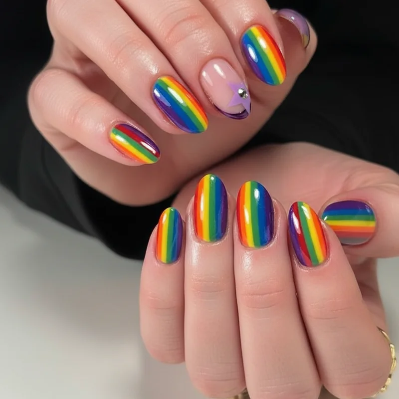 Rainbow stripe chrome powder and ombre pride acrylic nail designs for 2026 showing gradient and mirror finish technique variations