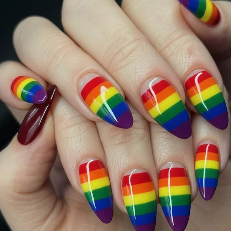 Ally pride flag nail design showing rainbow and progress flag colour options for solidarity understated and full stripe formats