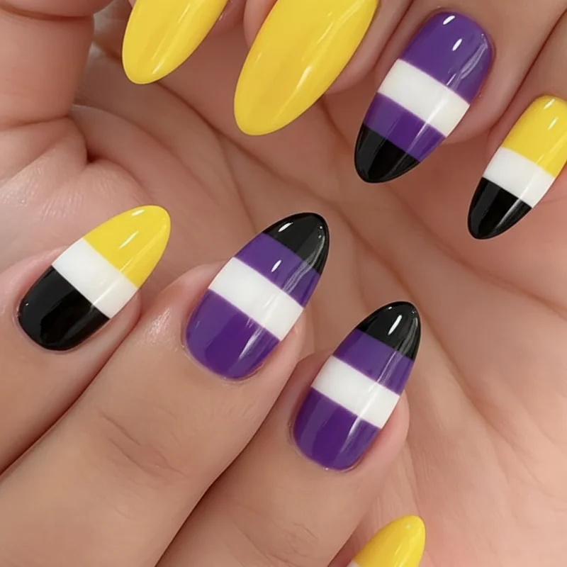 Nonbinary flag nail design showing yellow white purple and black colour block and stripe approaches for nonbinary pride manicure
