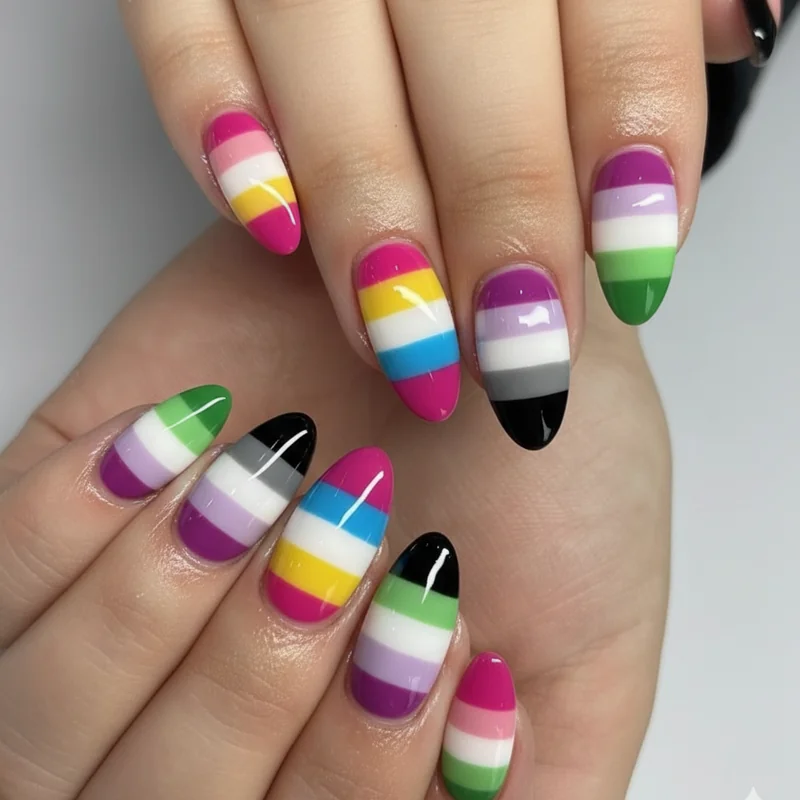 Pansexual asexual and genderqueer flag nail designs showing pink yellow cyan black grey purple and lavender green stripe sets