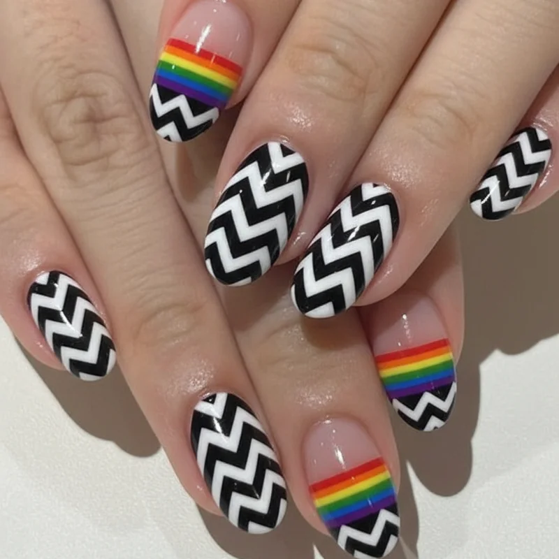 Progress pride flag nail design showing eleven colour chevron intersex yellow purple circle split across full ten finger nail set