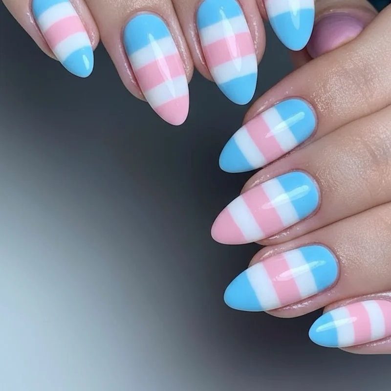 Trans flag nail design showing accurate pale powder blue light pink and white stripe colours for transgender pride manicure