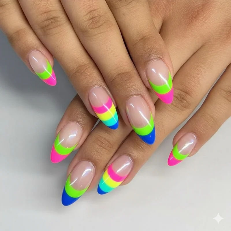 Pride french tip nail shapes comparison showing rainbow tips on almond coffin square and oval nails with proportional tip widths