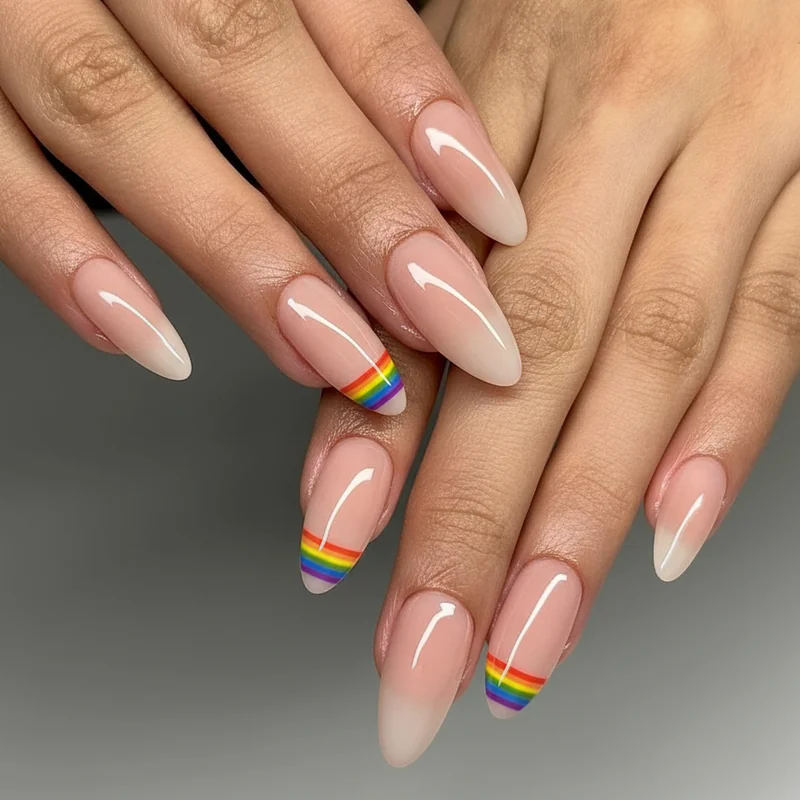 Chrome holographic and glitter pride french tip nails showing mirror metallic and light-shifting finishes on rainbow colourways 2026