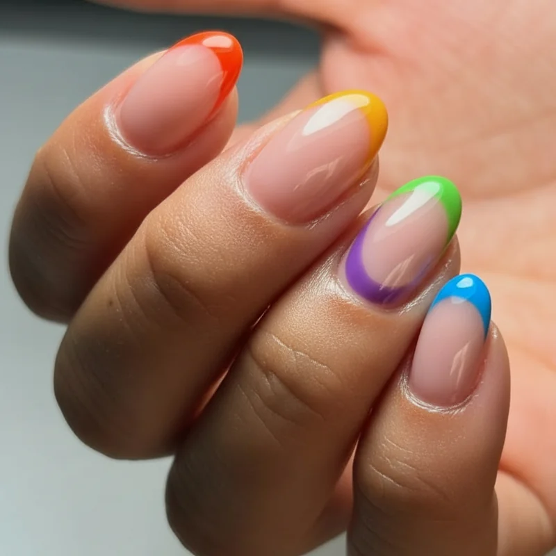 Classic ROYGBIV rainbow french tip nails with one colour per nail on sheer nude base showing clean smile line technique