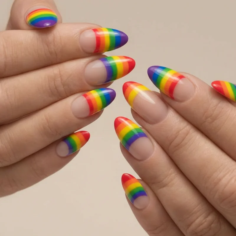 Identity flag pride french tip nails showing bi trans lesbian and nonbinary flag colour arrangements across five-nail sets