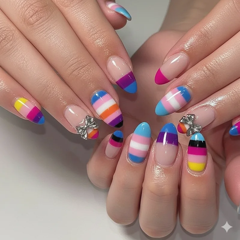 Micro french tip pride nails showing 1mm rainbow colour band at free edge on short nude nails subtle work appropriate finish