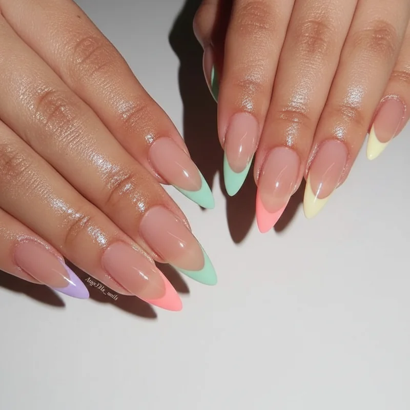 Neon pride french tip nails in electric pink acid yellow and cobalt blue on square nails with high-pigment gel formula finish