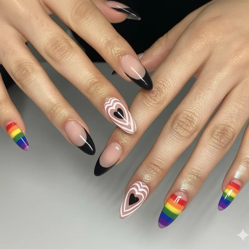 Pride french tip nail format comparison showing rainbow tips on short square nails versus long almond shape with nude base