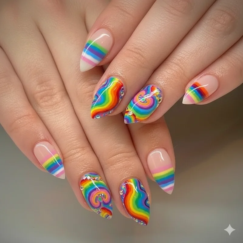 Almond versus coffin nail shape pride 2026 comparison showing almond for everyday LGBTQ nails and coffin for parade maximalist designs