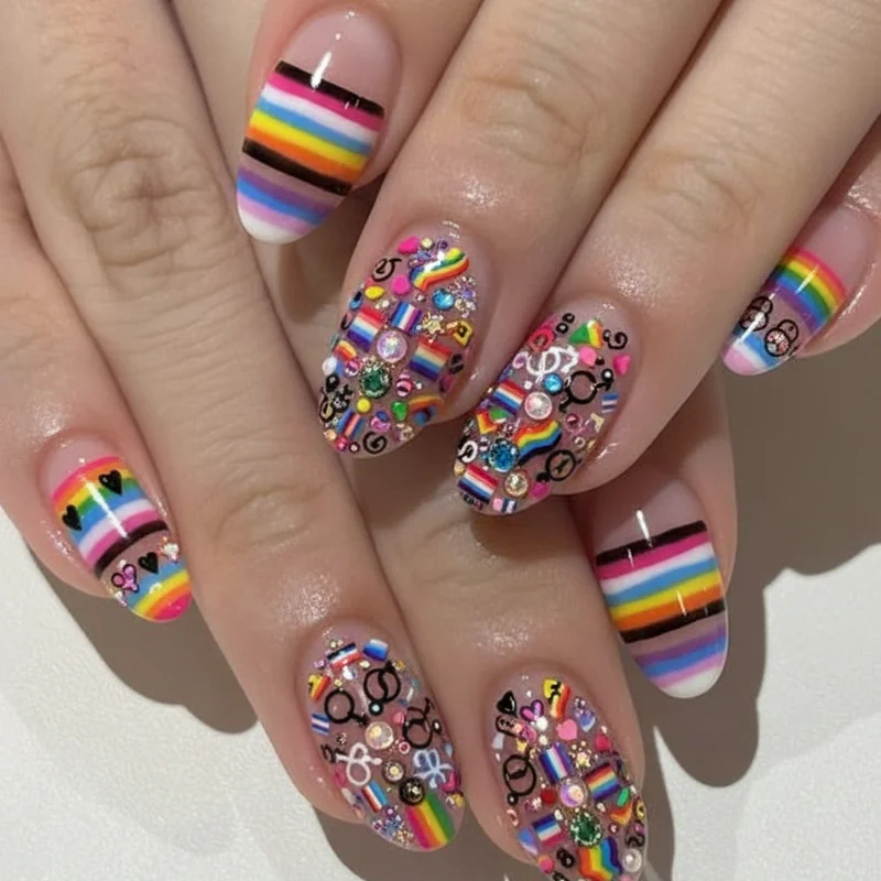 Aura nail technique in pride flag colours showing diffused rainbow gradient with outlined edge for LGBTQ June 2026 manicure inspo