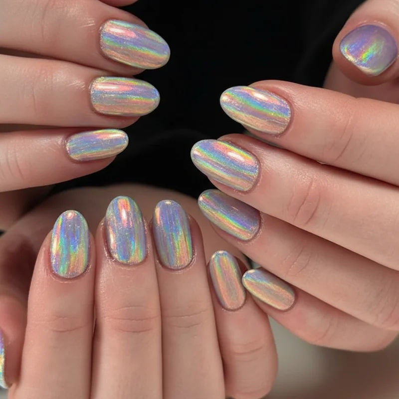 Holographic pride nails 2026 showing spectral rainbow light shift powder finish over gel base for LGBTQ parade season maximum visual impact