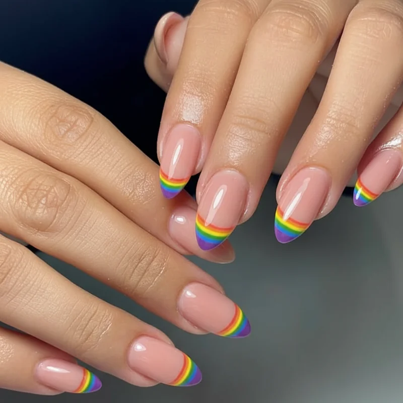 Micro rainbow French tip pride nails 2026 showing paper thin flag colour stripe on nude base for subtle LGBTQ visibility at work