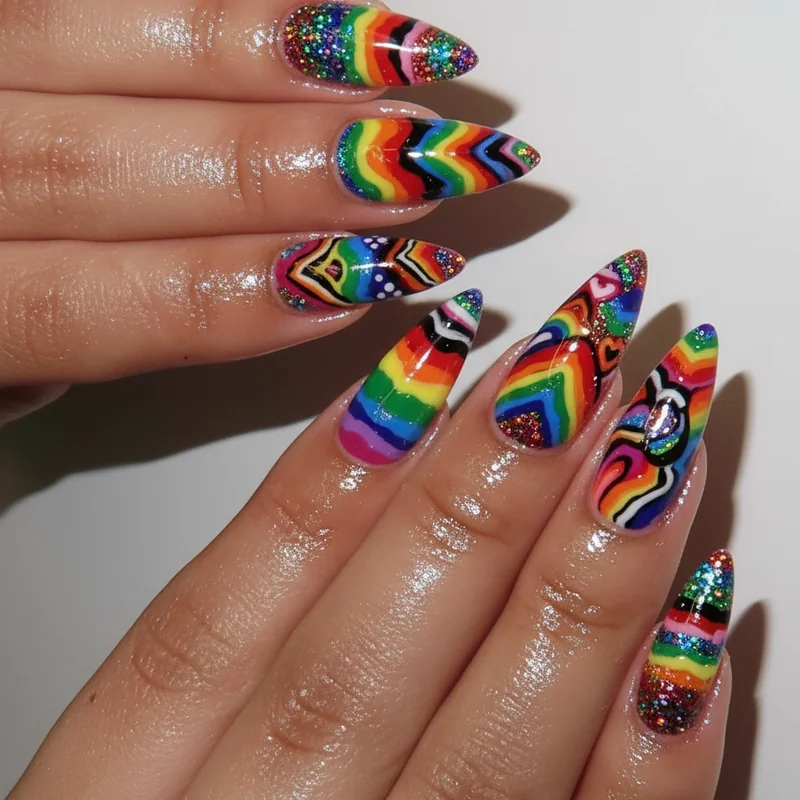 Mismatched manicure pride 2026 with one colour per nail in LGBTQ flag palette showing jelly matte and chrome finish variation across set